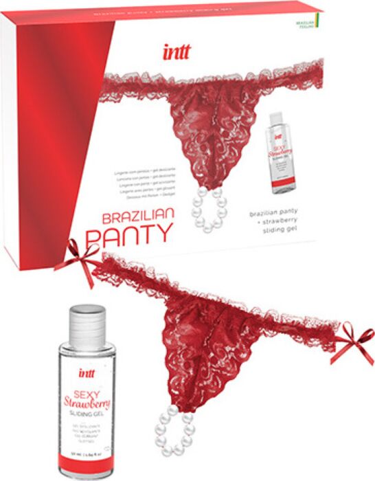 Calcinha brasileira vermelha + Gel deslizante de morango - Lingerie sensual e gel lubrificante - Sexo anal, oral, vaginal - Estimulante - Envio discreto