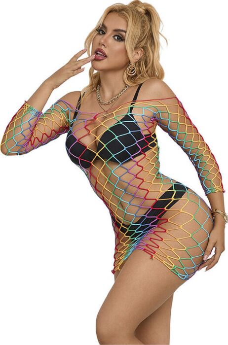 Vestido Rejilla Sublime Arcoíris Manga Longa