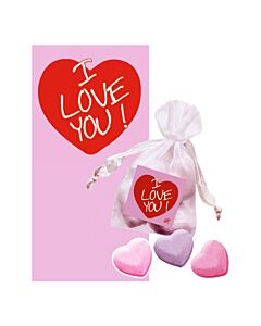 Expositor 12 saquinhos de banho de sais aromáticos em forma de coração de morango