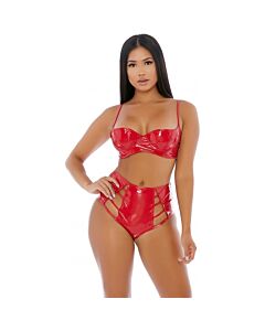 Conjunto de lencería de vinilo con trenzado rojo