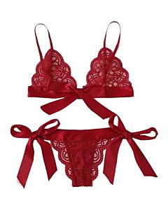 Conjunto de lingerie de renda vermelha com laços - Sex Shop