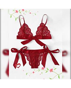 Conjunto de lingerie de renda vermelha com laços - Sex Shop