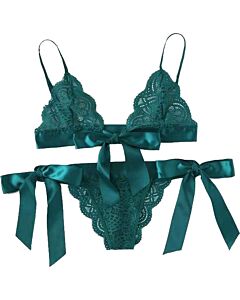 Conjunto de sutiã e calcinha de renda verde com laços - Sex Shop