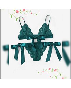 Conjunto de sutiã e calcinha de renda verde com laços - Sex Shop