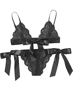 Conjunto de lingerie de renda preta com laços - Sutiã e calcinhas