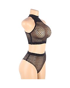 Conjunto Biquíni e Shorts Pretos com Diamantes de Imitação