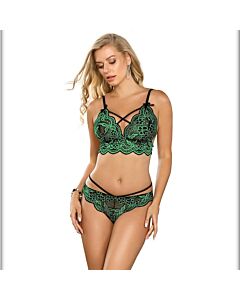 Conjunto Sutiã e Calcinha Verde - Cordões Cruzados e Design Bordado