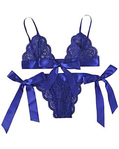 Conjunto de lingerie de renda azul com laços - Sutiã e calcinhas