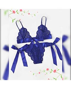 Conjunto de lingerie de renda azul com laços - Sutiã e calcinhas