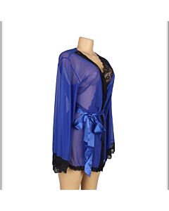 Babydoll de Malha Azul de Manga Comprida com Cinto - 95% Poliéster + 5% Elastano