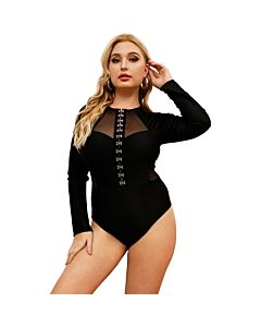 Body de Malha Manga Comprida 4XL-5XL - Preto com Fivelas