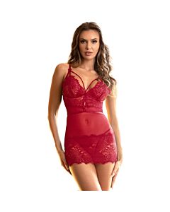 Babydoll em renda vermelho vinho - Alças ajustáveis | Composição 95% Poliéster + 5% Elastano