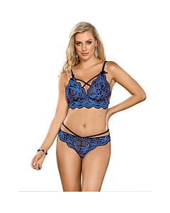 Conjunto de sutiã e calcinha azul com cordões cruzados.