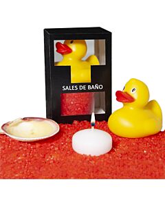Conjunto de sais de banho frutos vermelhos 150g com pato de banheira, vela aromática e concha.