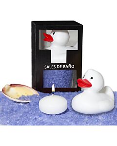 Conjunto de sais de banho lavanda 150g com pato de banheira, vela aromática e concha.
