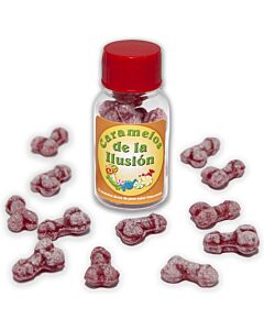 Frasco de 12 doces de pênis ilusório sabor morango-cereja 25g