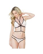 Conjunto de renda, calcinha e arnês - preto e branco