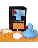 Conjunto de sais de banho de manga 150 gr. com pato de banheira, vela aromática e concha