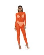 Body de malha micro rede falso - laranja - Macacão transparente ajustado - 90% poliéster 10% spandex.
