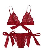 Conjunto de lingerie de renda vermelha com laços - Sex Shop