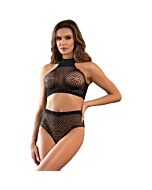 Conjunto Biquíni e Shorts Pretos com Diamantes de Imitação