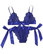 Conjunto de lingerie de renda azul com laços - Sutiã e calcinhas