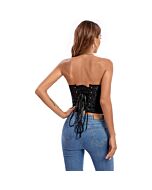 Corset preto de cetim - Corset preto de PVC com barbatanas de aço
