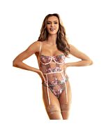Lingerie rosa aberta na virilha floral colorida sexy - Poliéster + Elastano - Cuidados: lavar à mão