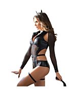 Fantasia sexy de diabo em couro de manga comprida - Preto