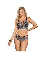 Conjunto de sutiã e calcinha cinza prata com cordões cruzados.