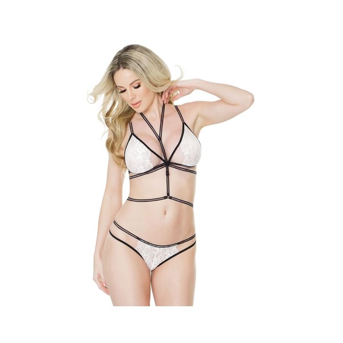 Conjunto de renda, calcinha e arnês - preto e branco