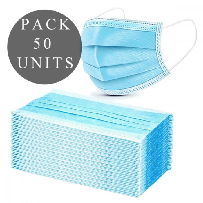 Máscaras higiênicas 3 camadas cobertas -19- 50 unidades