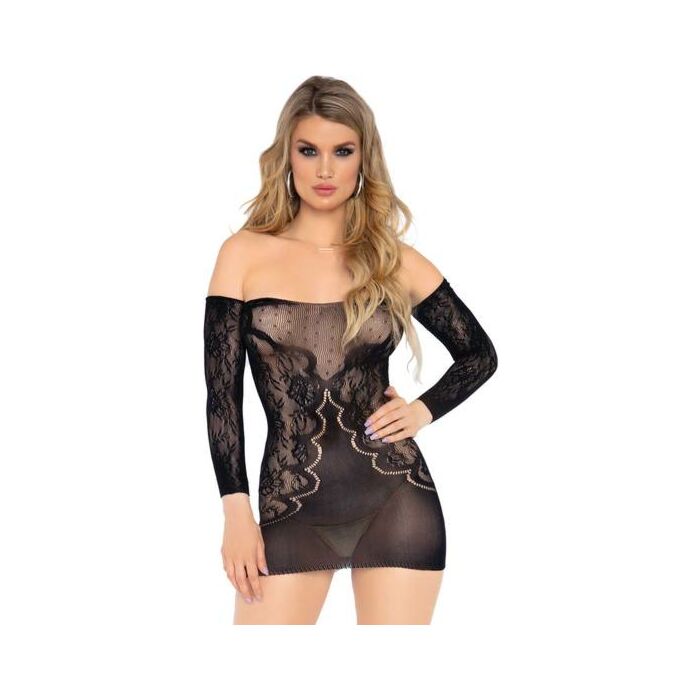 Mini vestido de manga comprida em renda - preto