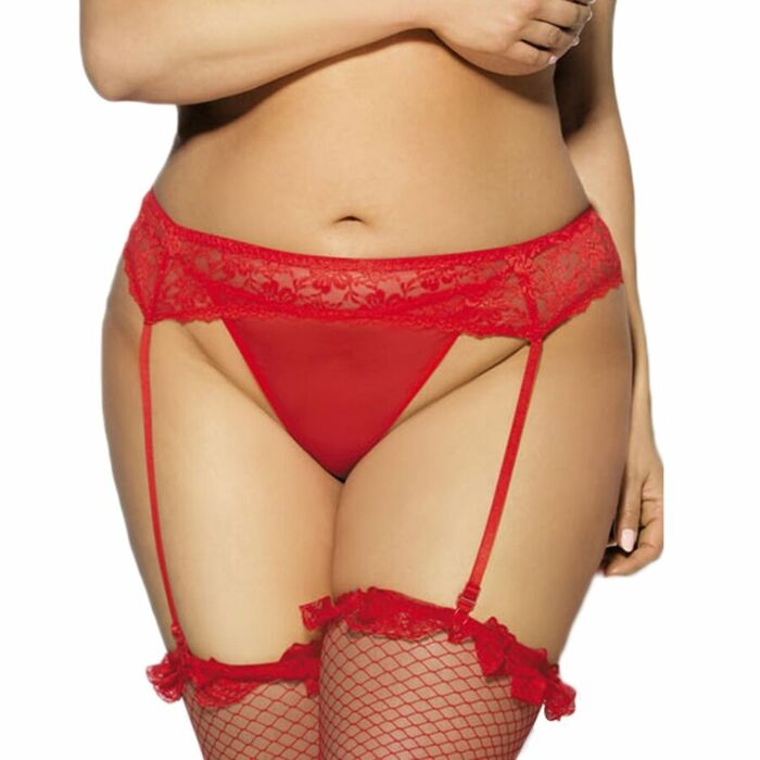 Tanga de lingerie rainha e motivos florais com cinto de ligas plus size