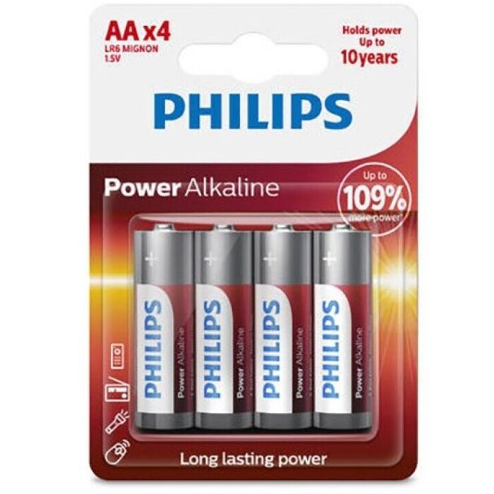 Pilhas Alcalinas Power AA LR6, Pacote com 4 Unidades