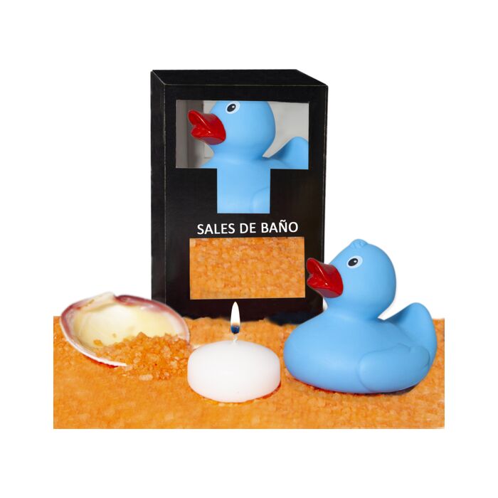 Conjunto de sais de banho de manga 150 gr. com pato de banheira, vela aromática e concha