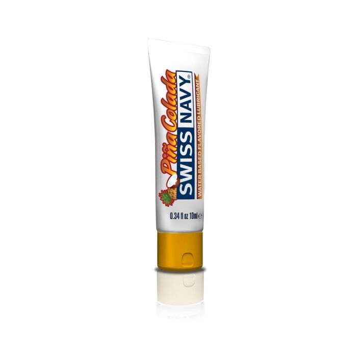 Lubrificante de sabor pina colada Swiss Navy - 10ml, sem açúcar e sem parabenos.