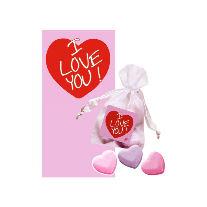 Expositor 12 saquinhos de banho de sais aromáticos em forma de coração de morango