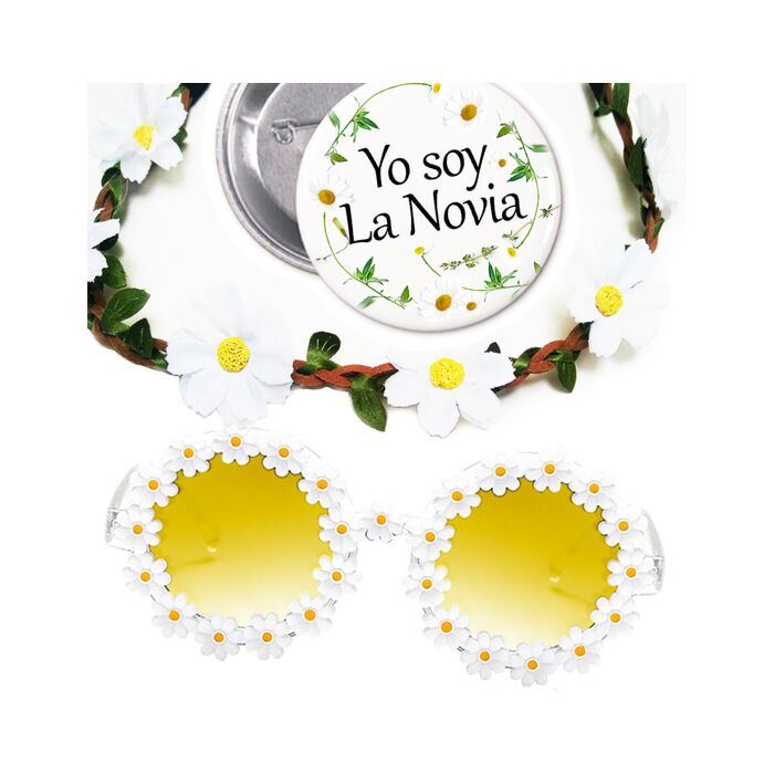 Kit Flower Power Óculos Coroa Margaridas Crachá Noiva - Ideais para Despedidas!