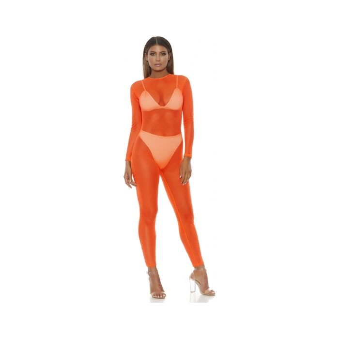 Body de malha micro rede falso - laranja - Macacão transparente ajustado - 90% poliéster 10% spandex.