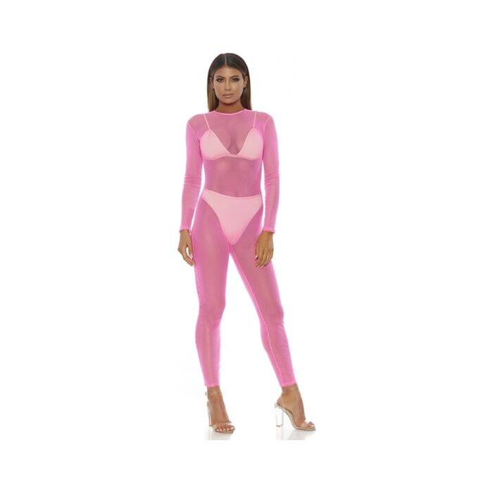 Body de malha micro net mock net - rosa | Macacão transparente justo 90% poliéster