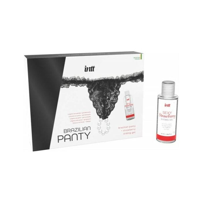 Calcinha brasileira preta + Gel deslizante de morango | Lingerie erótica com lubrificante estimulante