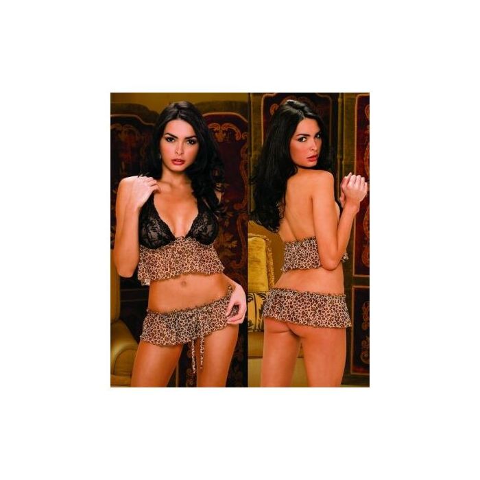 Conjunto sexy em renda e leopardo bege - Sex Shop.