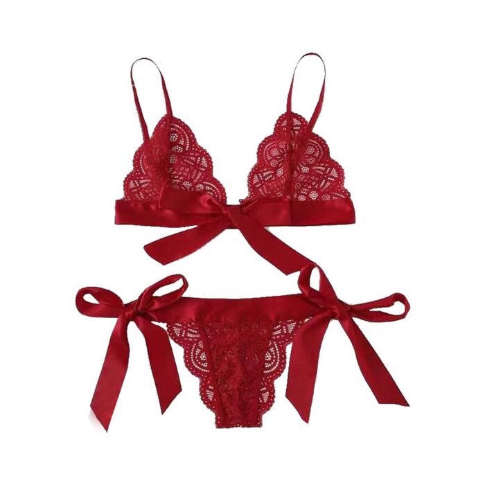 Conjunto de lingerie de renda vermelha com laços - Sex Shop