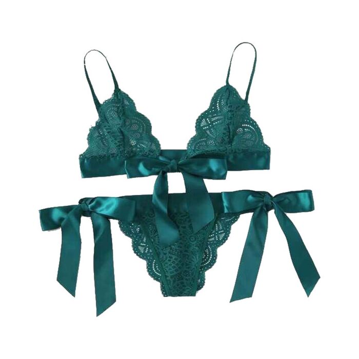 Conjunto de sutiã e calcinha de renda verde com laços - Sex Shop