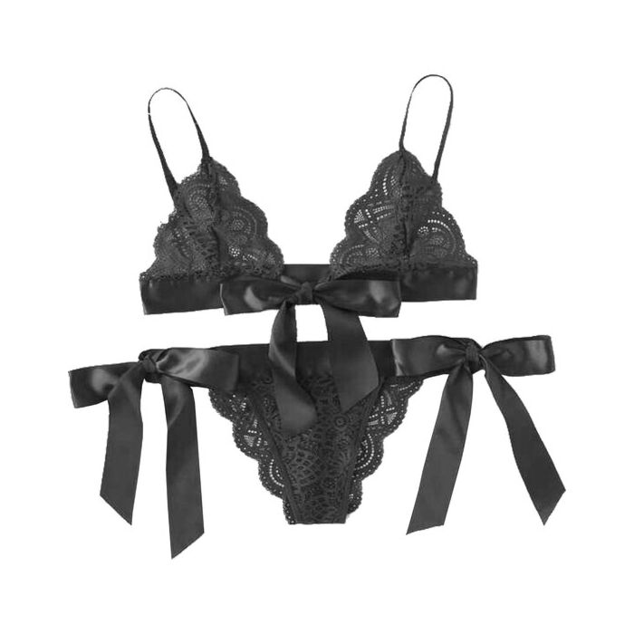 Conjunto de lingerie de renda preta com laços - Sutiã e calcinhas