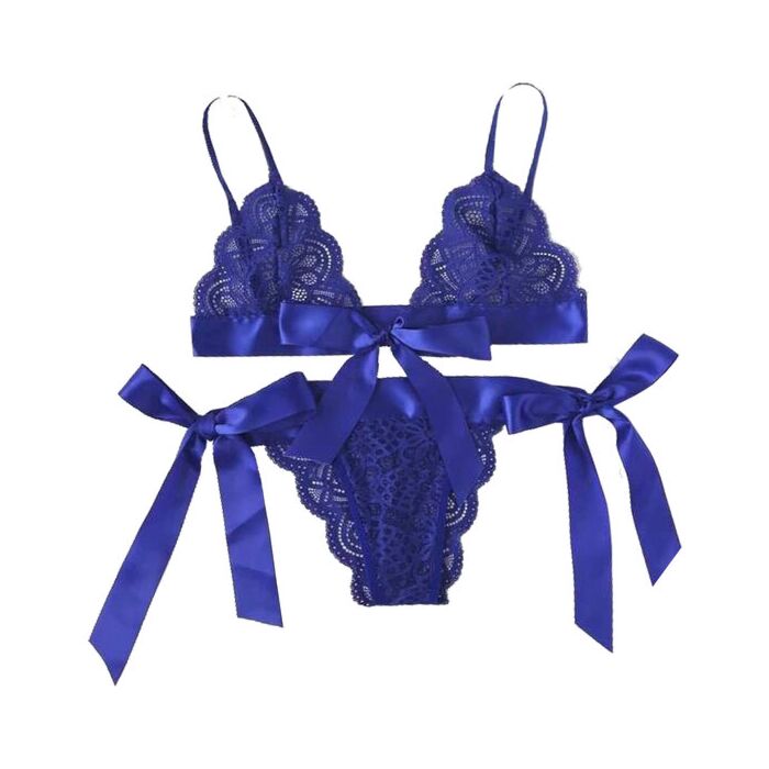 Conjunto de lingerie de renda azul com laços - Sutiã e calcinhas