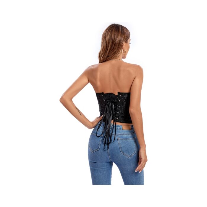 Corset preto de cetim - Corset de PVC com barbatanas de aço inoxidável