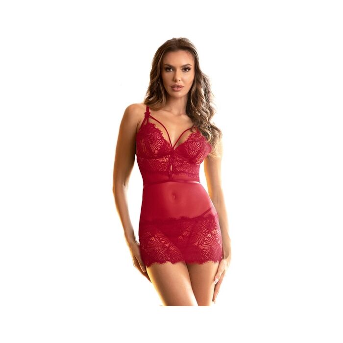 Lingerie sensual de renda vermelha justa tamanho L-XL - 95% poliéster + 5% elastano.