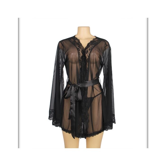 4XL-5XL Babydoll de Malha Preta com Cinto - Manga Comprida